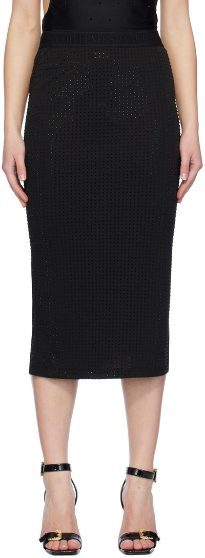 Versace Jeans Couture Black Crystal-cut Midi Skirt In E899 Black