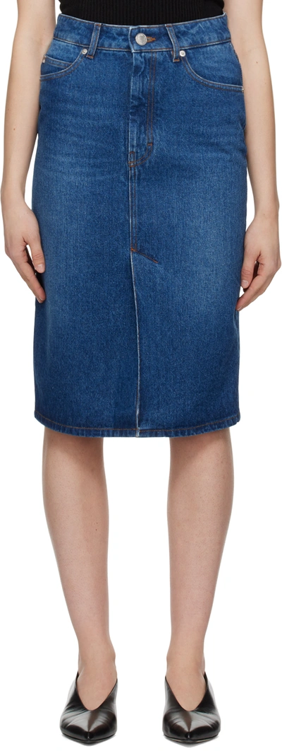 AMI ALEXANDRE MATTIUSSI BLUE FADED DENIM MIDI SKIRT