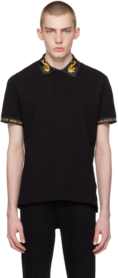 Versace Jeans Couture Black Printed Polo In Eg89 Black/gold