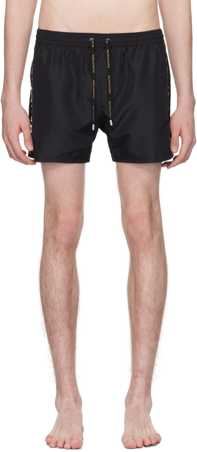 Balmain Black Embroidered Swim Shorts In 012 Black/gold