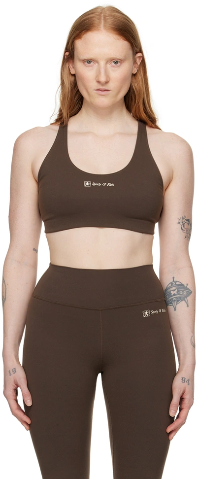 Sporty And Rich Brown Runner Script Sports Bra In Chocolate
