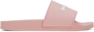 Palm Angels Embossed-logo Crinkled Slides In Pink,white