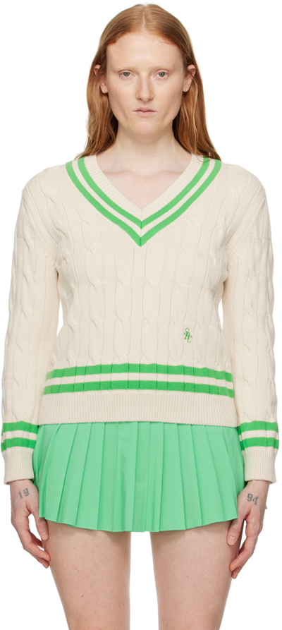 Sporty And Rich Cable-knit Cotton Jumper In Cream & Clean Mint