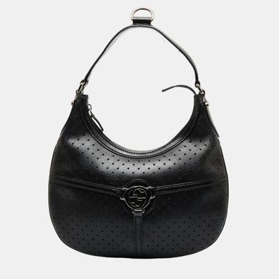 Pre-owned Gucci Black Peforated Leather Interlocking G Reins Hobo Bag