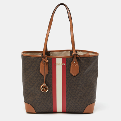 Pre-owned Michael Kors Brown Signature Coated Canvas And Leather Large Logo Stripe Eva Tote