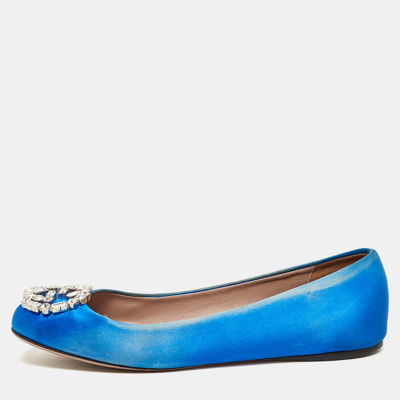 Pre-owned Gucci Blue Satin Interlocking G Crystals Ballet Flats Size 37.5