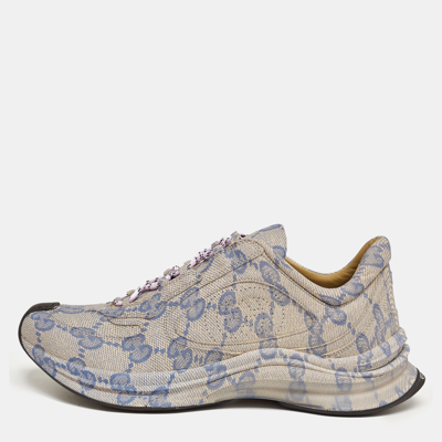 Pre-owned Gucci Beige/blue Gg Printed Leather Run Trainers Size 44