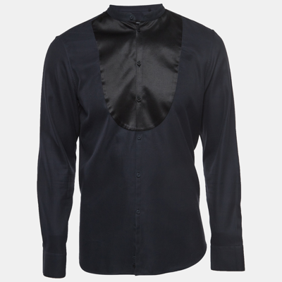 Pre-owned Emporio Armani Navy Blue Satin And Twill Full Sleeve Shirt L