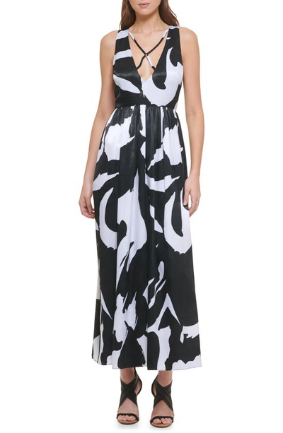 Dkny Print Sleeveless Satin Dress In White/ Black Multi