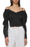 DKNY OFF THE SHOULDER PUFF SLEEVE LINEN TOP