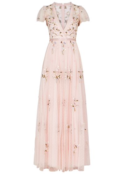 Needle & Thread Petunia Floral-embroidered Tulle Gown In Pink