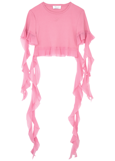 Blumarine Ruffled Cropped Cotton T-shirt In Pink