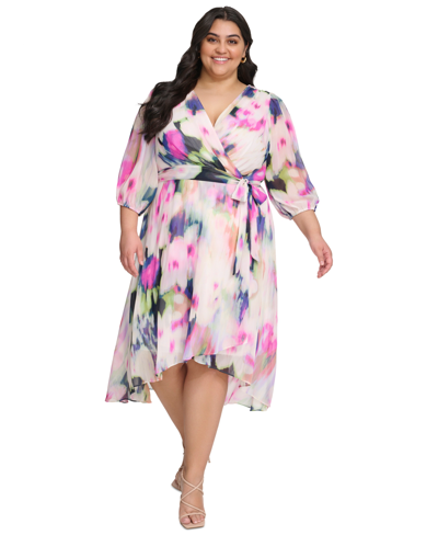 Dkny Plus Size Printed Balloon-sleeve Faux-wrap Dress In Navy Multi