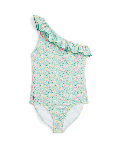 Polo Ralph Lauren Kids' Big Girls Floral One-shoulder One-piece Swimsuit In Simone Floral With Celestial Blue