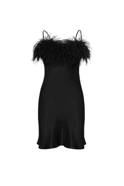 Sleeper Boheme Feather-trim Satin Mini Slip Dress In Black