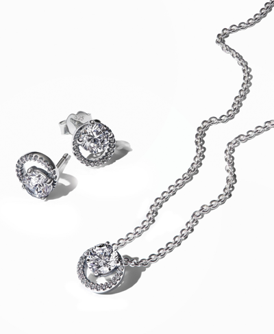 Pandora Sparkling Round Cubic Zirconia Stone Necklace And Heart Earring Gift Set In Silver