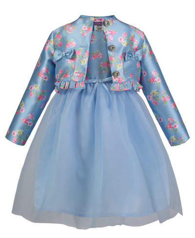 Blueberi Boulevard Kids' Little Girls Fit-and-flare Dress And Floral Satin Crop Jacket Set In Blue Florals