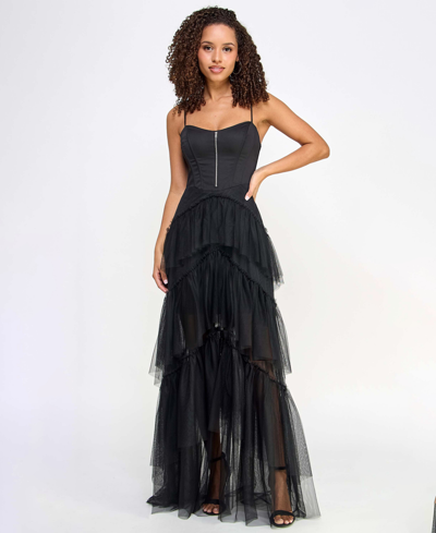 City Studios Juniors' Corset Top Sweetheart-neck Tiered-mesh Gown, Created For Macy's In Black