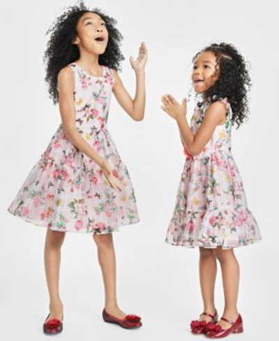 Rare Editions Kids' Toddler Little Big Girls Floral Butterfly Printed Burnout Organza Dress Created For Macys In Blush