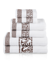 Superior Athens Cotton With Greek Scroll And Floral Pattern Assorted, 6 Piece Bath Towel Set In Chocolate