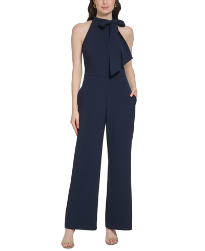 Vince Camuto Petite Signature Stretch Crepe Bow-neck Halter Jumpsuit In Nvy