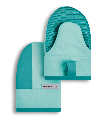 Kitchenaid Beacon Two-tone Mini Oven Mitt 2-pack Set, 5.5" X 8" In Aqua Sky