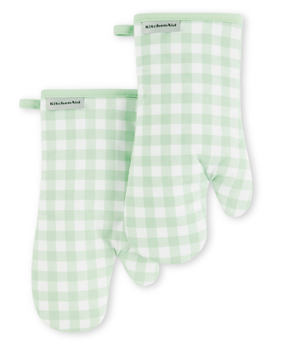 Kitchenaid Gingham Oven Mitt 2-pack Set, 7" X 13" In Pistachio