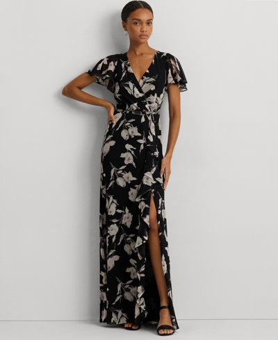 Ralph Lauren Floral Belted Flutter-sleeve Gown In Black Multi