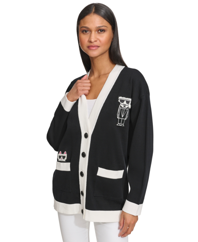 Karl Lagerfeld Women's Varsity Logo-patch Button Cardigan In Black,soft White