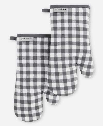 Kitchenaid Gingham Oven Mitt 2-pack Set, 7" X 13" In Charcoal Gray