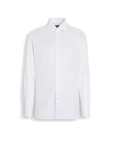 Zegna White And Utility Blue Structured Striped Centoventimila Cotton Shirt In White/utility Blue