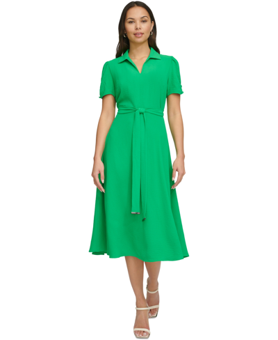 Dkny Women's Tie-waist Point Collar A-line Dress In Apple Green