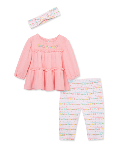 Little Me Baby Girls' Garland Bow Headband, Tunic, & Leggings Set - Baby In Pink