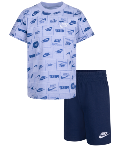 Nike Kids' Little Boys All-over Print T-shirt And Shorts, 2 Piece Set In Court Blue