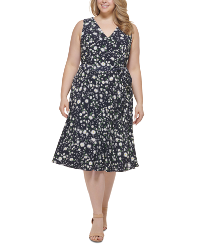 Tommy Hilfiger Plus Size Floral-print Fit & Flare Dress In Sky Captain,ivory