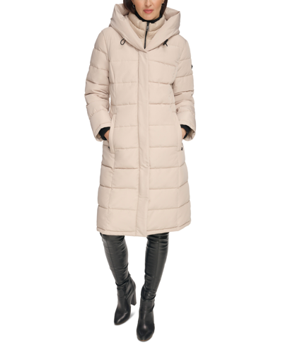 Dkny Women's Plus Size Bibbed Hooded Puffer Coat In Pebble