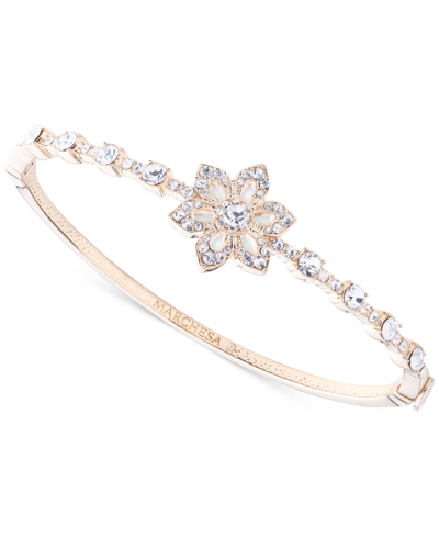 Marchesa Gold-tone Crystal Flower Bangle Bracelet In White