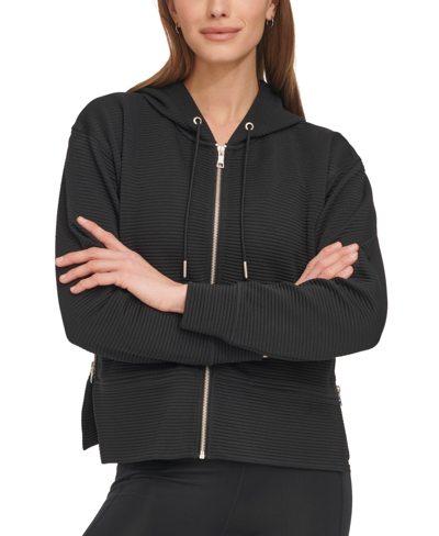 Dkny Sport Women's Ribbed Side & Front-zip Hoodie In Black