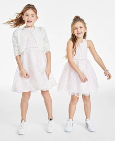 Rare Editions Kids' Toddler Little Big Girls Floral Organza Social Dress Big Girls Imitation Pearl Embellished Cardigan  In Blush