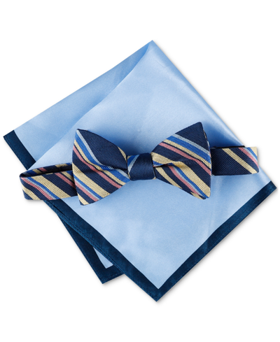Tommy Hilfiger Men's Stripe Bow Tie & Solid Pocket Square Set In Navy