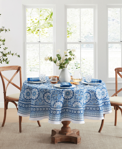 Elrene Vietri Medallion Blue Block Print Stain Water Resistant Indoor And Outdoor Tablecloth, 70" X 70" Rou In Multi