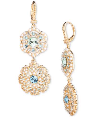 Marchesa Gold-tone Crystal & Imitation Pearl Flower Double Drop Earrings In Blue