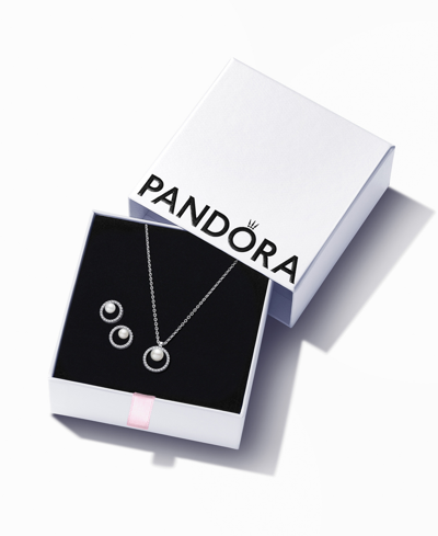 Pandora Sterling Silver Pearl Halo Necklace And Earring Gift Set
