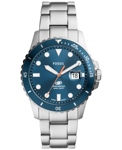 FOSSIL MEN'S BLUE DIVE THREE-HAND DATE SILVER-TONE STAINLESS STEEL WATCH 42MM