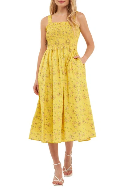 English Factory Women's Floral Print Smocked Dress In Yellow