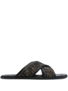 Fendi Logo-embroidered Crossover Strap Slides In Brown