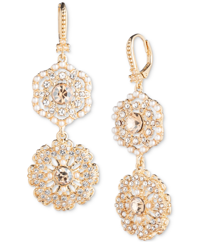 Marchesa Gold-tone Crystal & Imitation Pearl Flower Double Drop Earrings