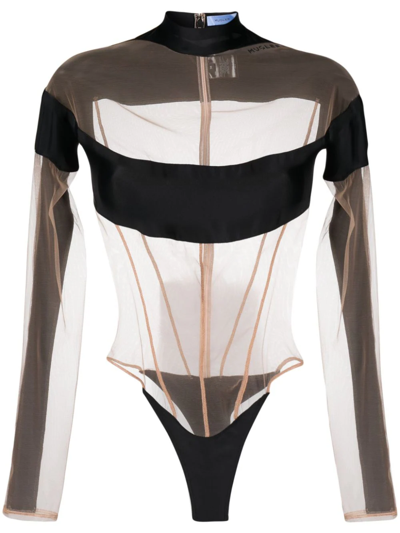 Mugler Illusion Bodysuit With Semi-transparent Details In Black