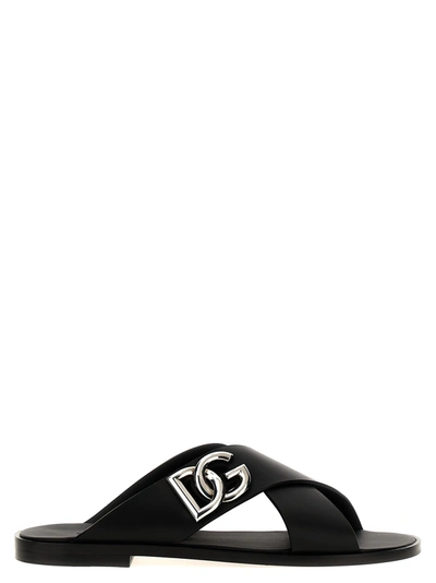Dolce & Gabbana Logo Leather Sandals In Black