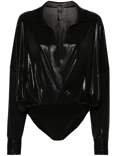 Norma Kamali Super Oversized Boyfriend Shirt Bodysuit In Black